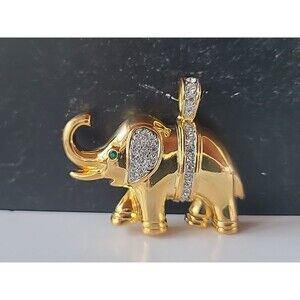 Elephant Shaped Gold Tone Metal Rhinestone Pendant Vintage Costume Jewelry